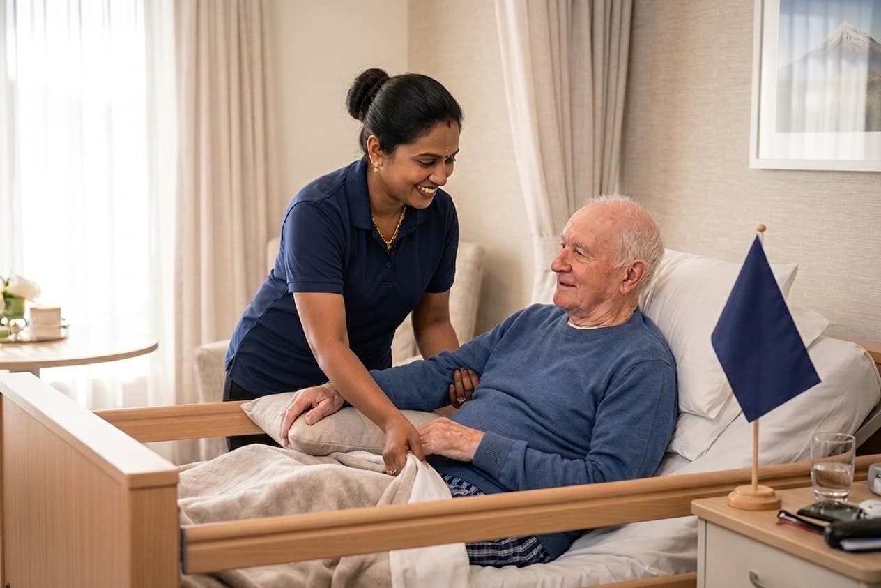 A caregiver tending to an older man resting in bed at home