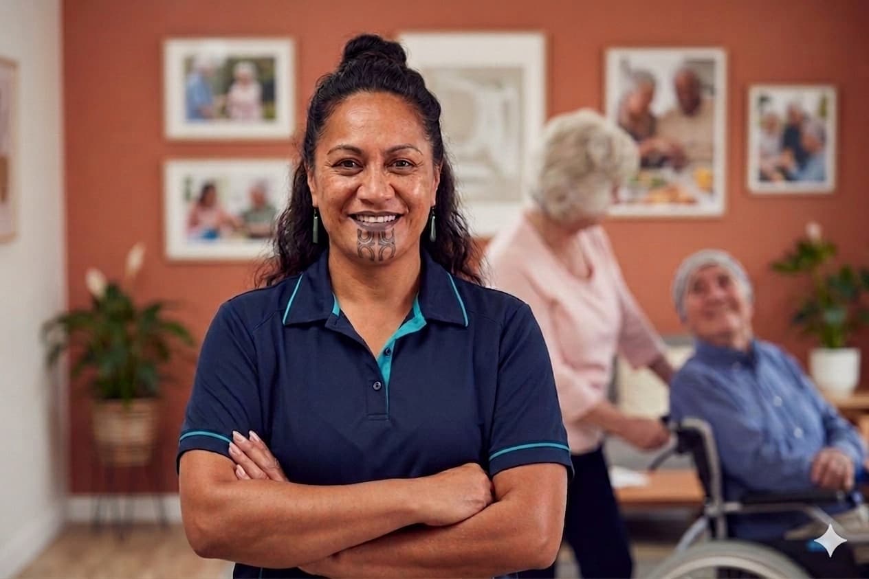 A confident care worker standing in a residential care facility