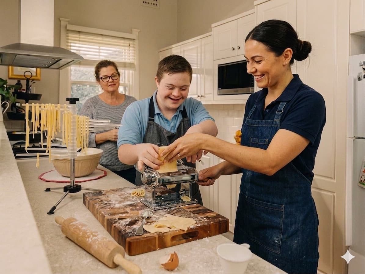 A family, including a young man with Down syndrome, making pasta together in a home kitchen