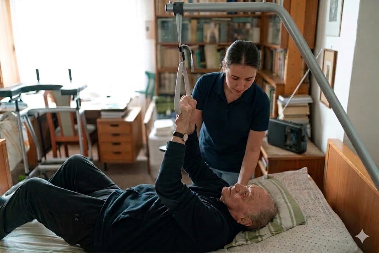 A support worker helping an older man use a mobility hoist at home