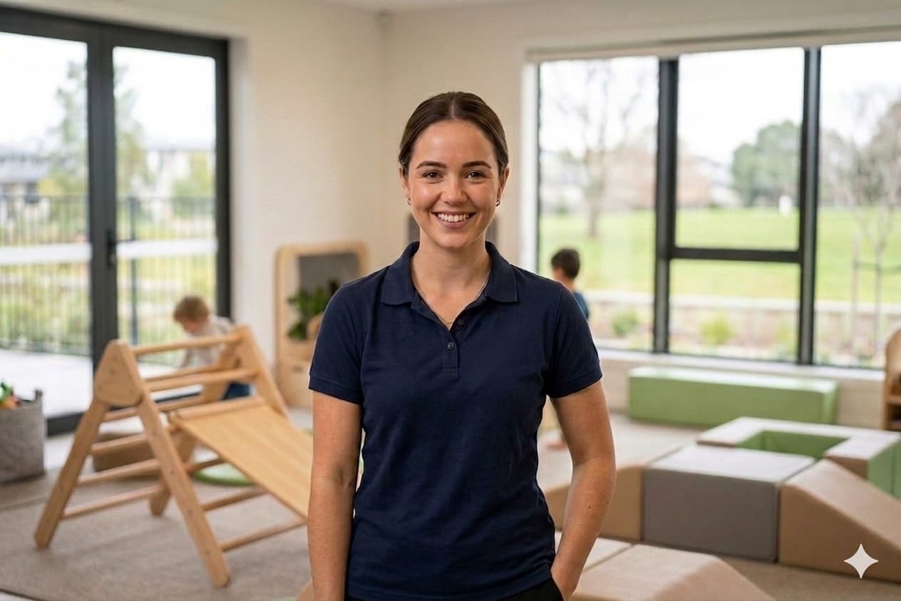 A support worker standing in a bright indoor space